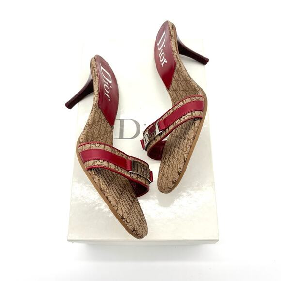 NIB Vintage Dior Diorissimo John Galliano Red Monogram Mule Heeled Sandals 40 - Picture 2 of 7